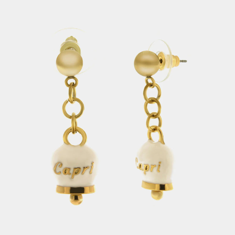 By Simon-Orecchini in Acciaio con campanella pendente bianca e oro con scritta Capri