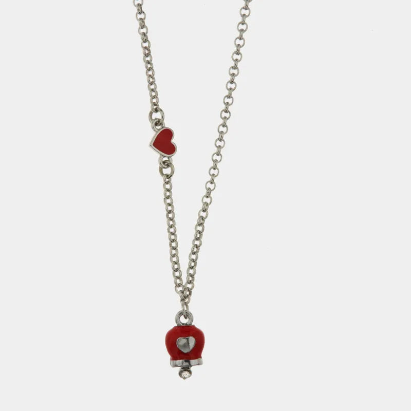 BY SIMON-Collana in Metallo con dettaglio cuore rosso e campanella portafortuna rossa con cuore centrale e cristalli bianchi