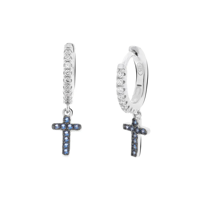 BY SIMON - Orecchini in Argento 925 cerchietto con zirconi bianchi e croce con zirconi verdi