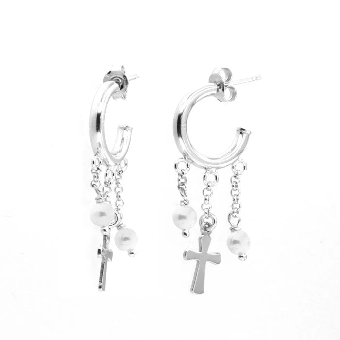 BY SIMON - Orecchini in Argento 925 cerchietti con perle di acqua dolce e croce centrale pendente