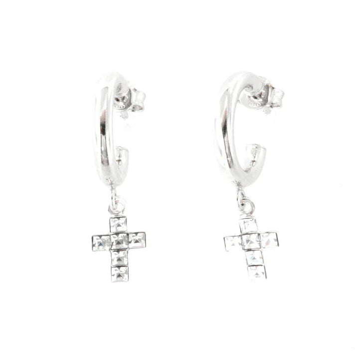 BY SIMON - Orecchini in Argento 925 a cerchietto, con croci di cristalli bianchi