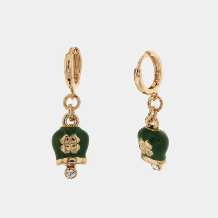 BY SIMON-Orecchini in Metallo a cerchio con campanella portafortuna verde con quadrifoglio pendente