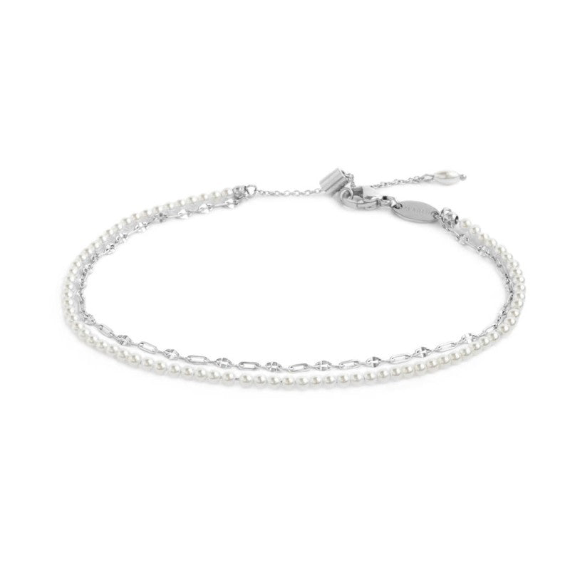 MARLU- Cavigliera doppia catena con perle bianche e lip-cable