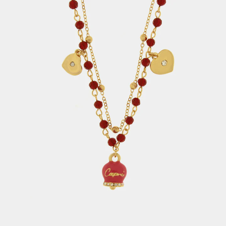 BY SIMON - Collana in Metallo multifilo con campanella fucsia e pietre rosse