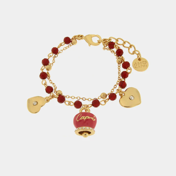 BY SIMON - Bracciale in Metallo multifilo con campanella fucsia e pietre rosse