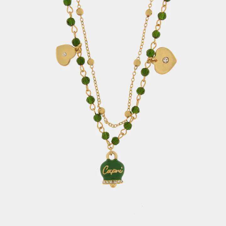 BY SIMON - Collana in Metallo multifilo con campanella e pietre verdi