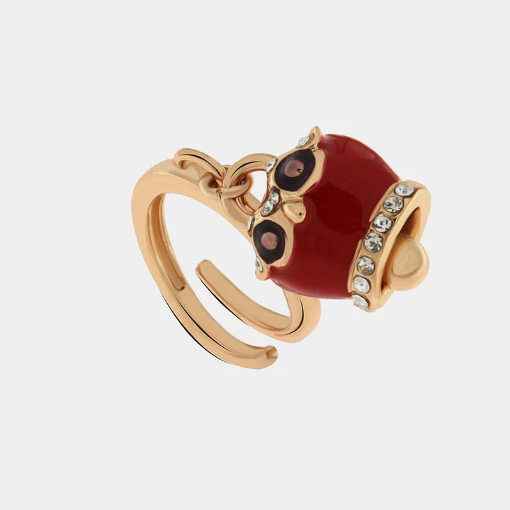 BY SIMON - Anello in Metallo con campanella portafortuna a gufo impreziosita da smalto rosso e nero e cristalli bianchi