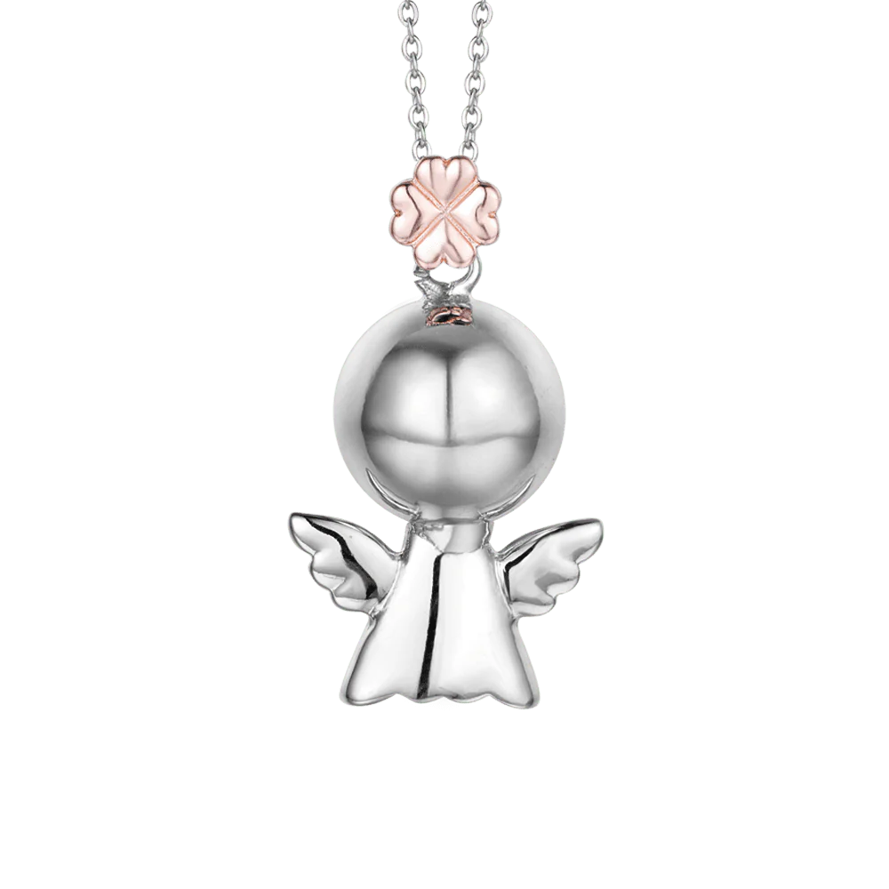 LUCA BARRA - COLLANA CHIAMA ANGELI IN ACCIAIO, ANGIOLETTO IN METALLO CON QUADRIFOGLIO ROSE'