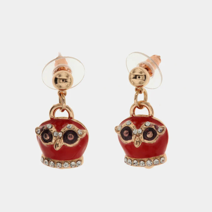 BY SIMON - Orecchini in Metallo con campanella portafortuna a gufo, impreziosita da smalto rosso e cristalli