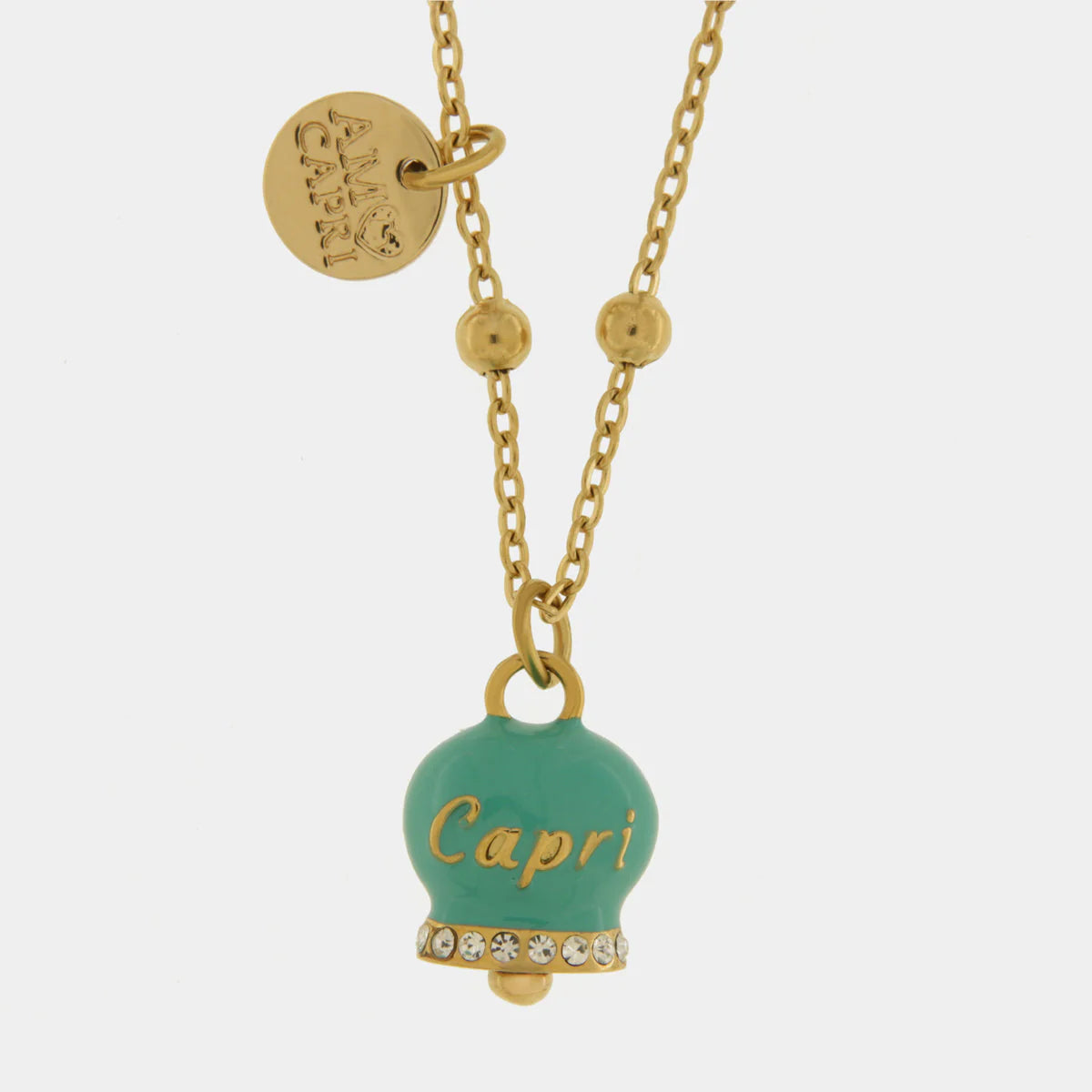 By Side-Collana in Acciaio con campanella verde con scritta Capri