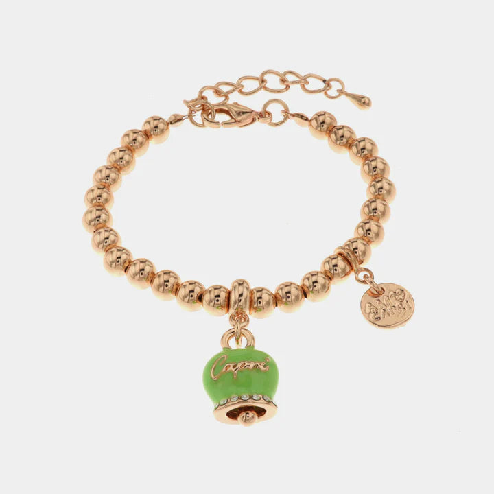 BY SIMON - Bracciale in Metallo con campanella portafortuna verde lime, con scritta Capri
