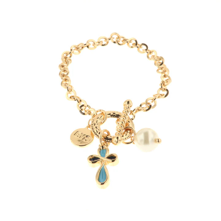 BY SIMON - Bracciale in Metallo con perla e pendente a forma di croce impreziosita da smalti colorati