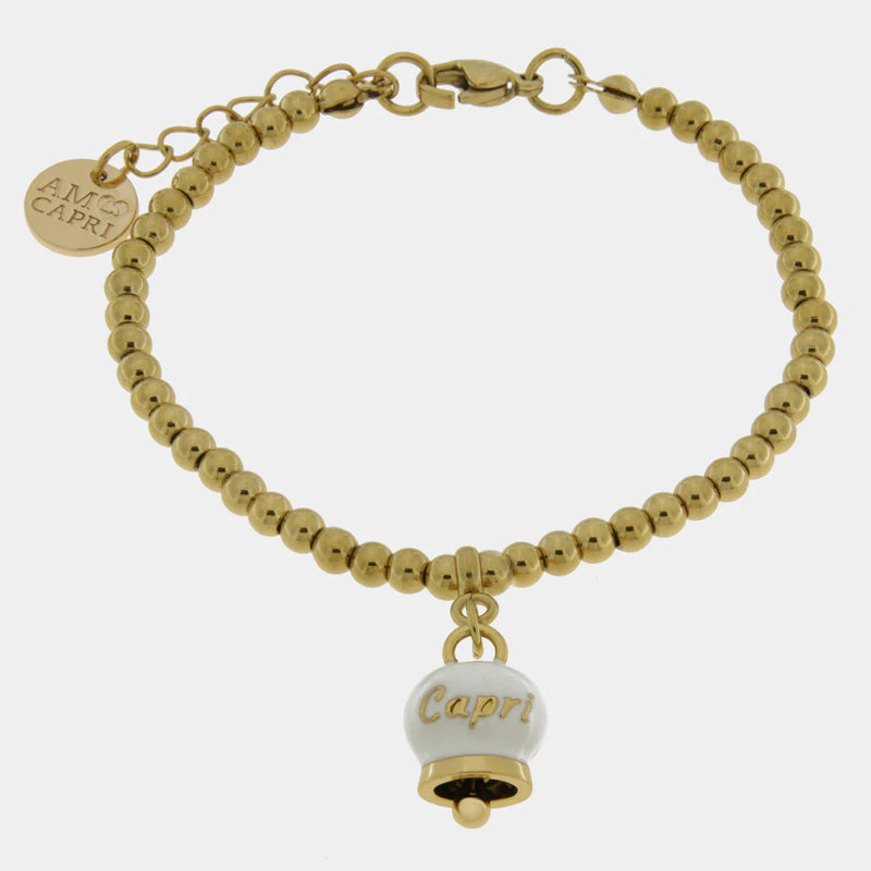 By Simon-Bracciale in Acciaio a perline con campanella pendente bianca e oro con scritta Capri