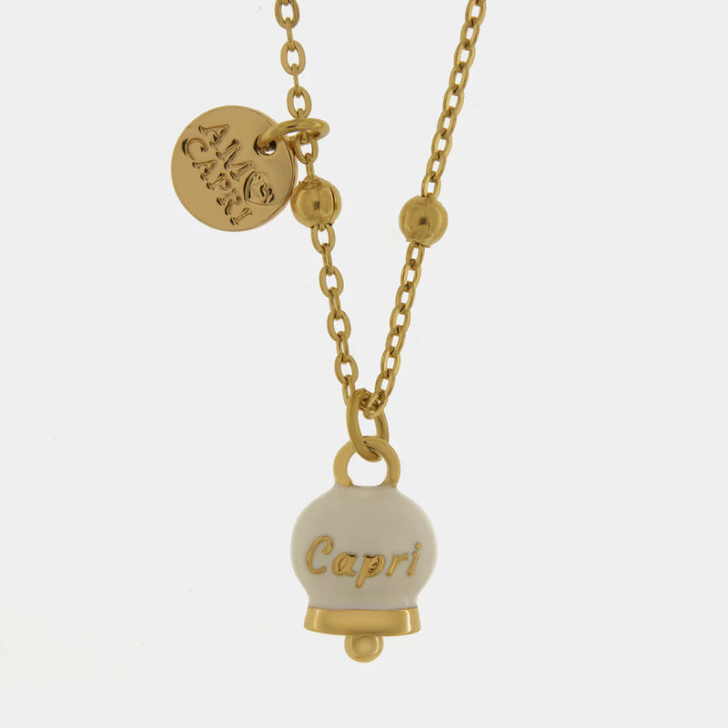 By Simon-Collana in Acciaio con campanella pendente bianca e oro con scritta Capri