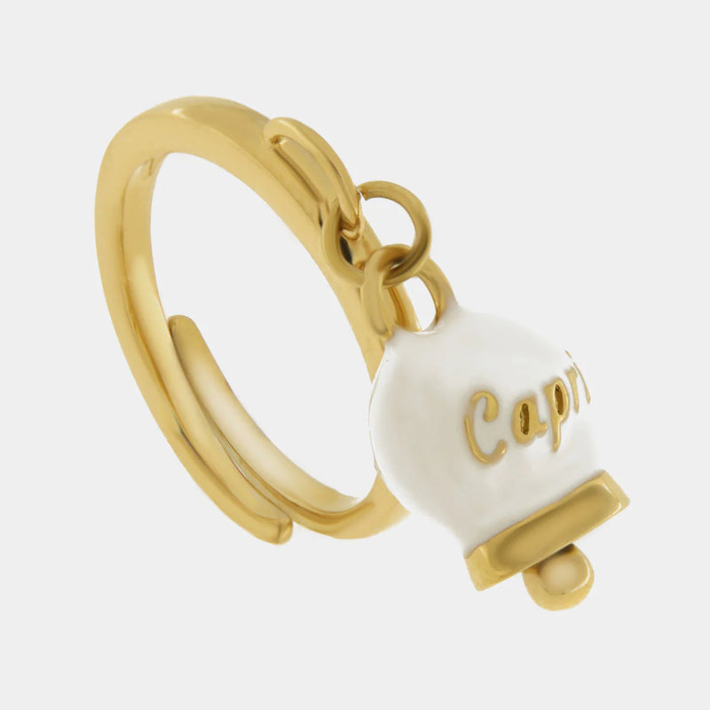 By Simon-Anello in Acciaio con campanella pendente bianca e oro con scritta Capri
