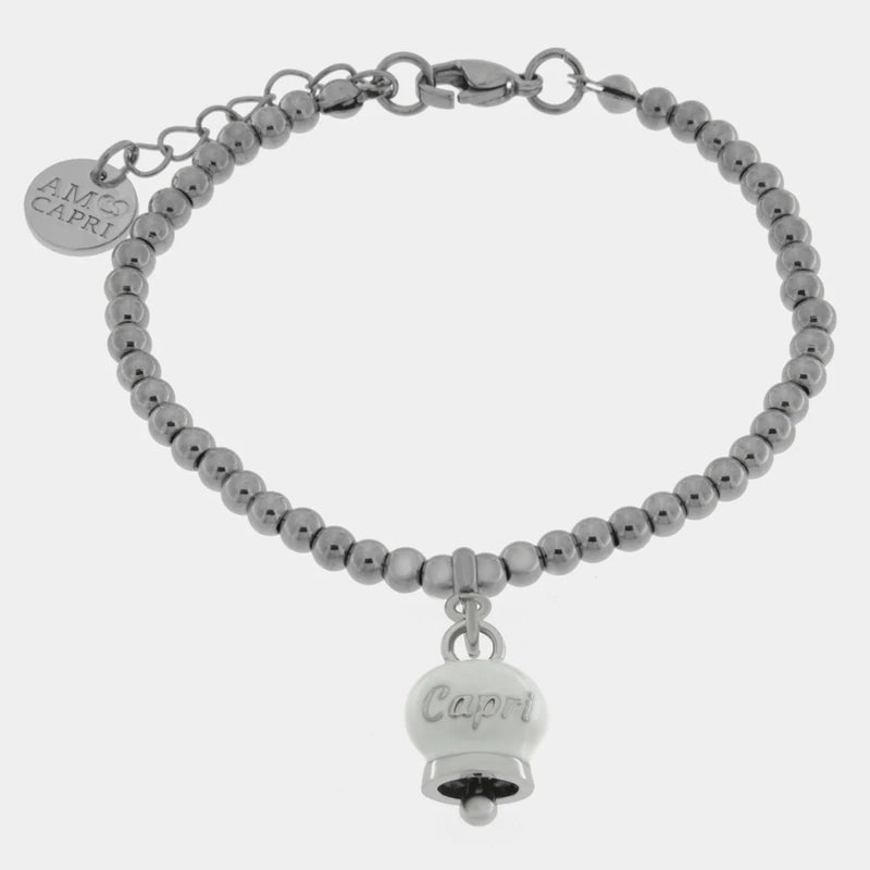 BY SIMON - Bracciale in Acciaio con campanella pendente bianca con scritta Capri