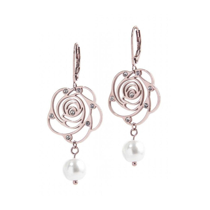 MARLU- Orecchini rosa pendente con cristalli e perla