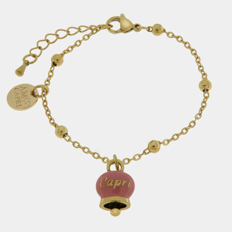By Simon-Bracciale in Acciaio con campanella pendente rosa con scritta Capri