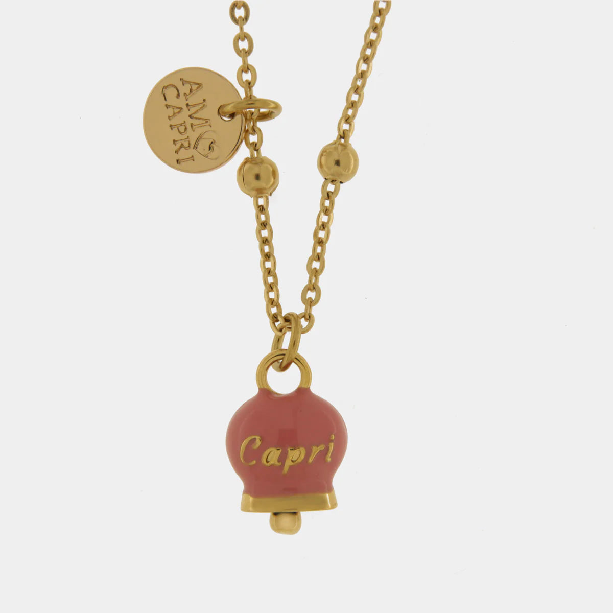 By Simon-Collana in Acciaio con campanella pendente rosa con scritta Capri