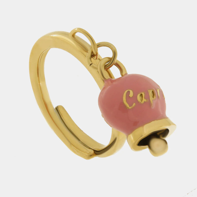 By Simon-Anello in Acciaio con campanella pendente rosa con scritta Capri