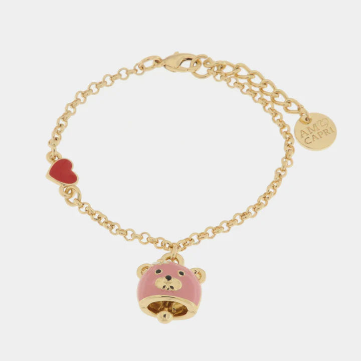 BY SIMON - Bracciale in Metallo con campanella a forma di orso rosa e cuore rosso
