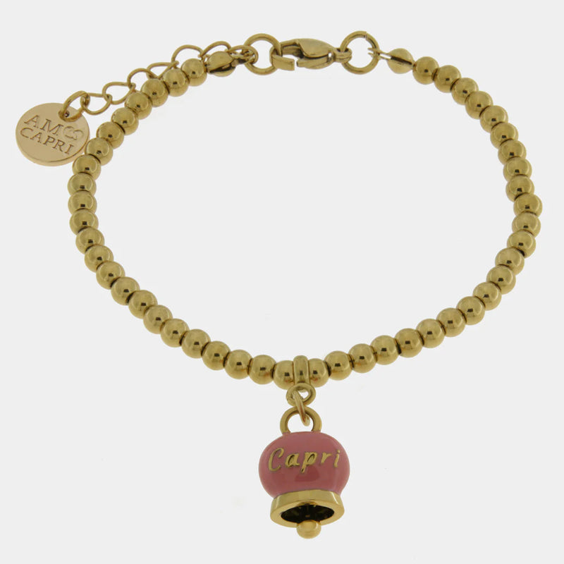 By Simon-Bracciale in Acciaio con campanella pendente rosa con scritta Capri