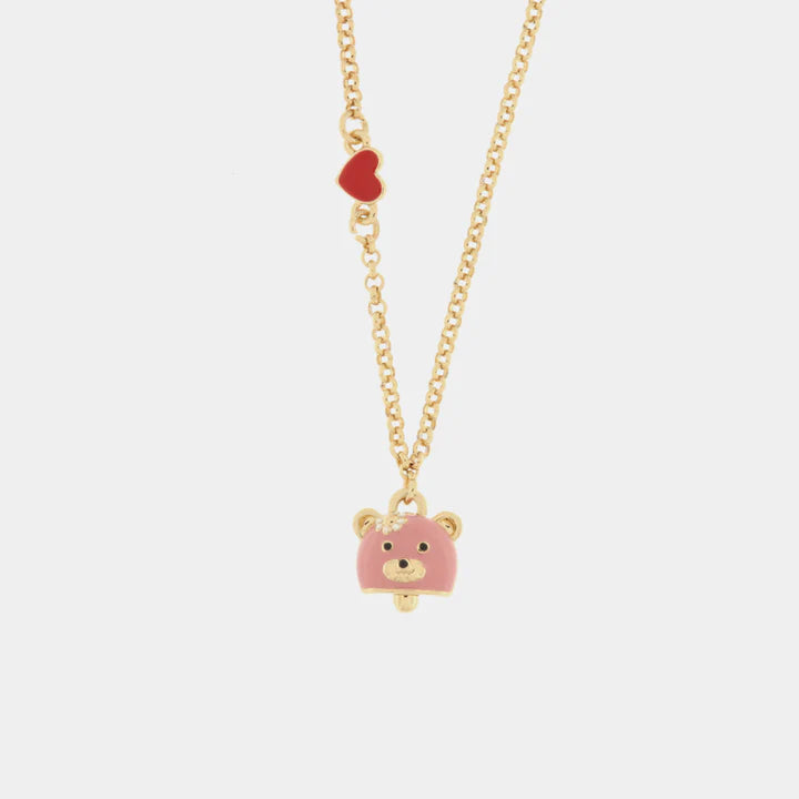 BY SIMON - Collana in Metallo con campanella a forma di orso rosa e cuore rosso