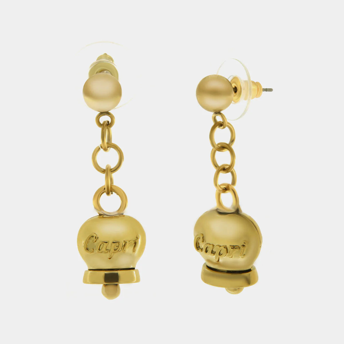 By Simon-Orecchini in Acciaio con campanella pendente placcata oro con scritta Capri