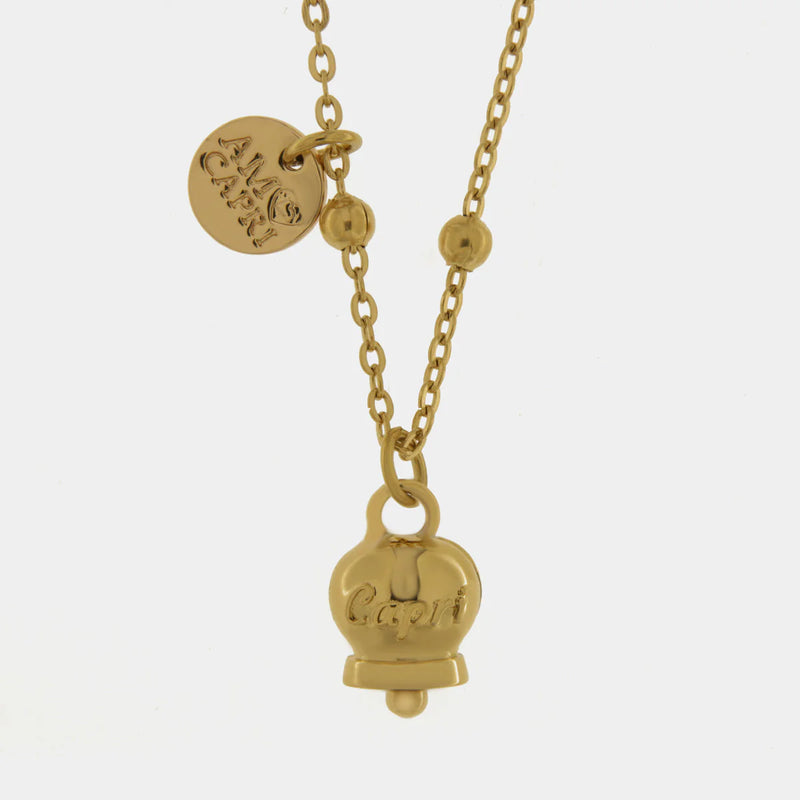 By Simon-Collana in Acciaio con campanella pendente placcato oro con scritta Capri