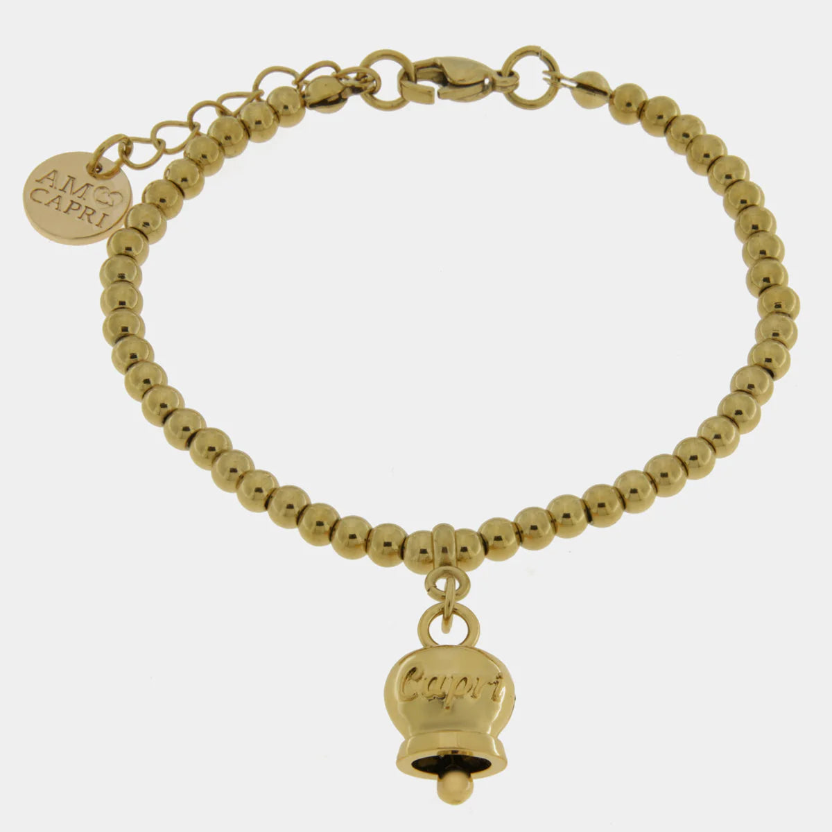 By Simon-Bracciale in Acciaio con campanella pendente placcata oro con scritta Capri