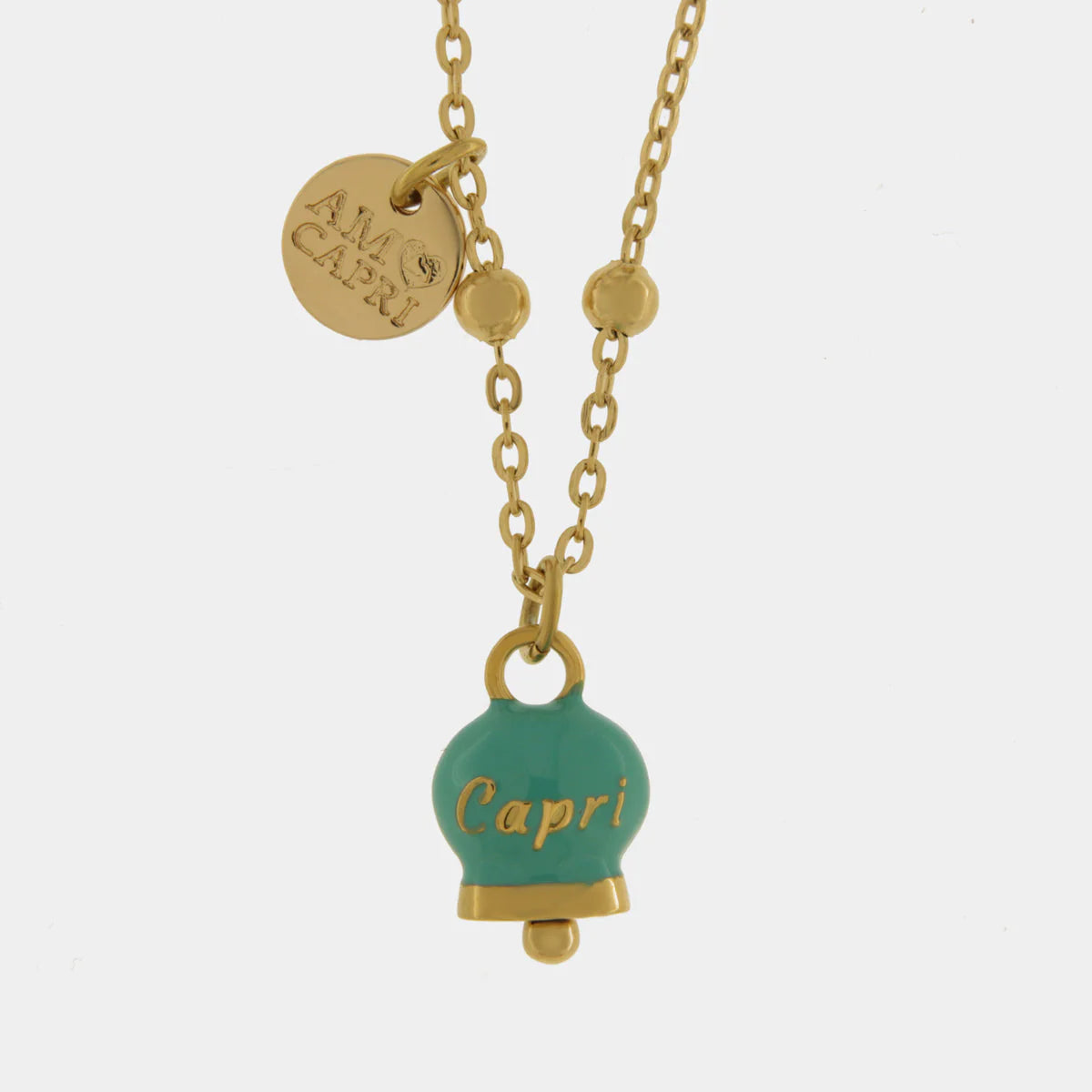 By Simon-Collana in Acciaio con campanella pendente verde con scritta Capri