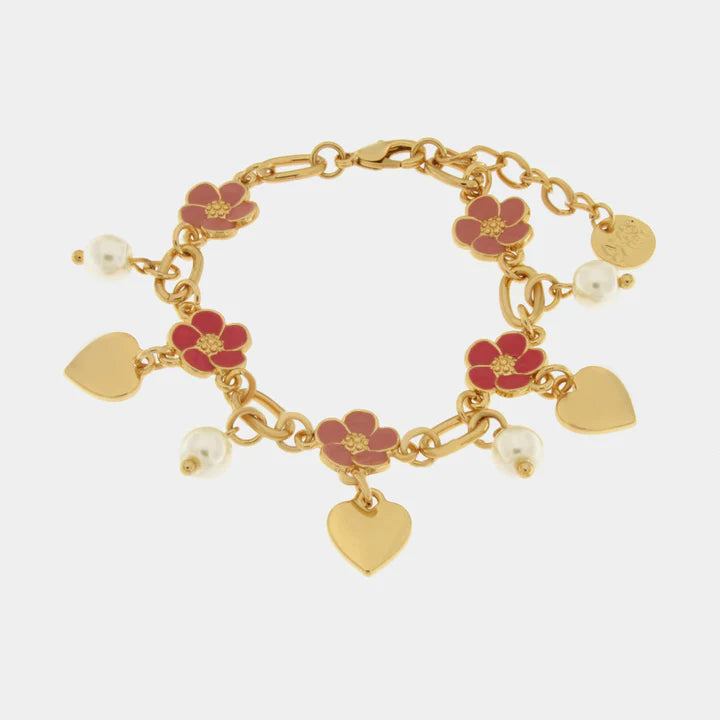 BY SIMON - Bracciale in Metallo con fiori fucsia e cuori pendenti