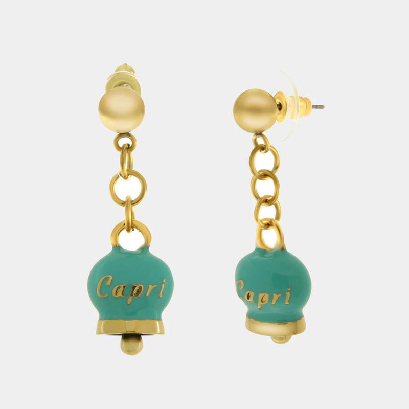 By Simon-Orecchini in Acciaio con campanella pendente verde con scritta Capri