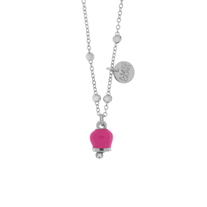 CAPRI - Collana in Metallo con campanella portafortuna pendente, impreziosita da smalto e cristalli