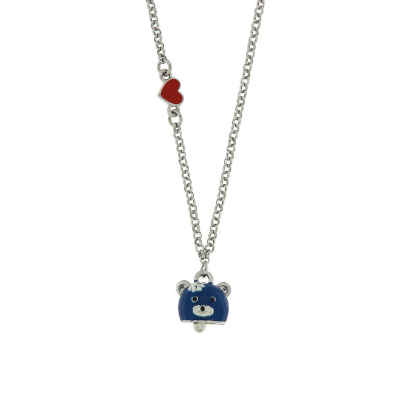 BYSIMON - Collana in Metallo con campanella a forma di orso blu e cuore rosso
