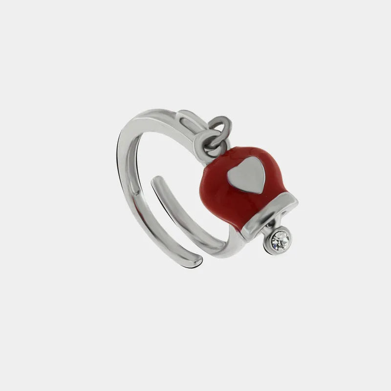 BY SIMON-Anello in Metallo con campanella portafortuna rossa e cuore, impreziosita da cristalli bianchi