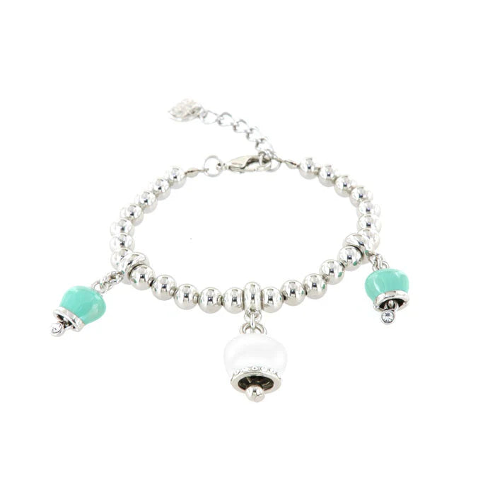 CAPRI -Bracciale in Metallo con sfere argentate, campanelle bianche e verdi con cristalli