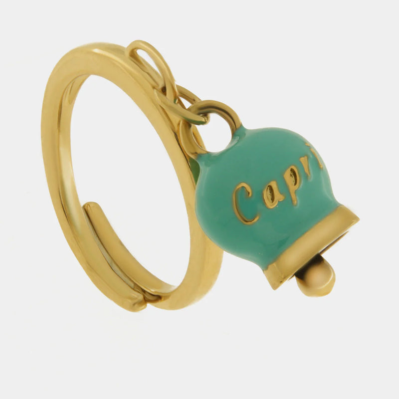 Anello in Acciaio con campanella pendente verde con scritta Capri