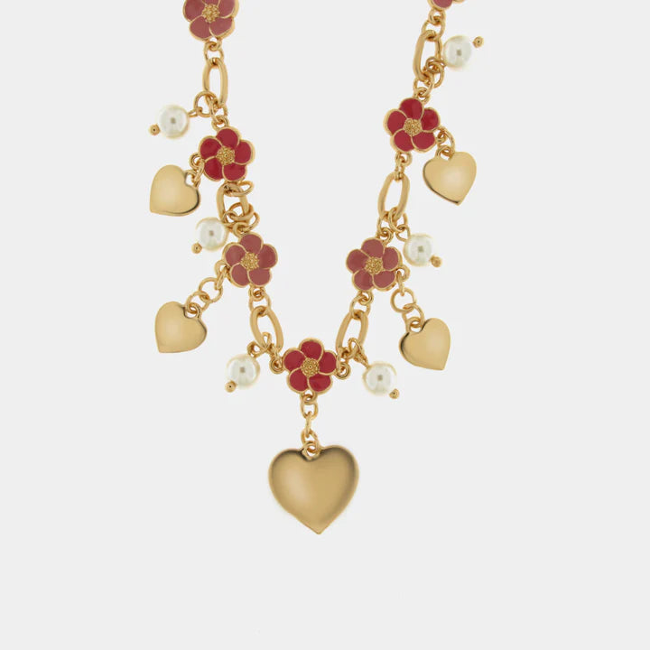 BY SIMON - Collana in Metallo con fiori rosa e cuori pendenti
