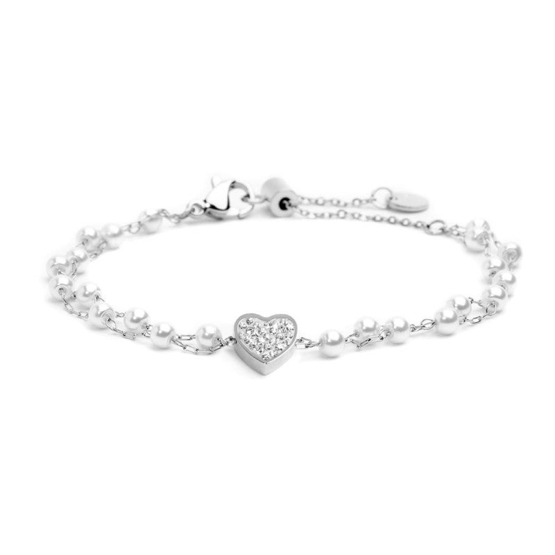 MARLU- Bracciale cuore cristalli doppia catena con perle