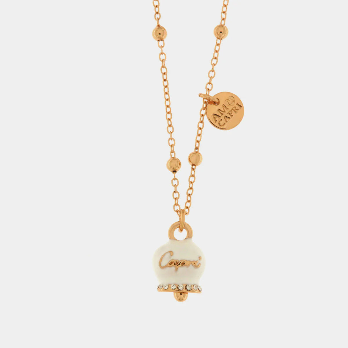 By Simon-Collana in Metallo con campanella portafortuna pendente impreziosita da smalto bianco e cristalli