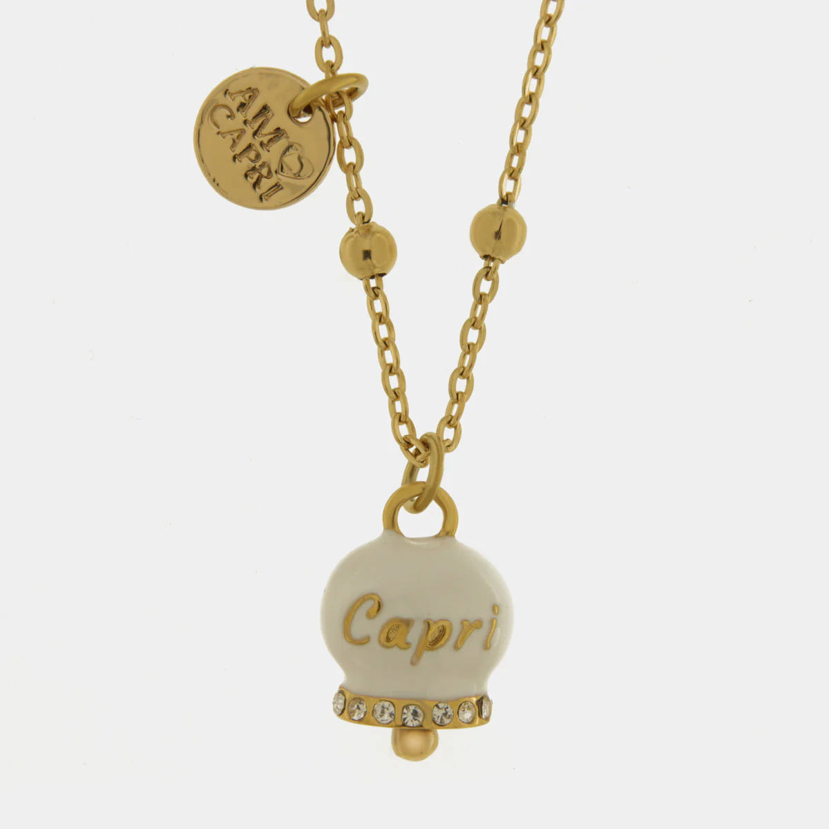 By Simon-Collana in Acciaio con campanella bianca e oro con scritta Capri