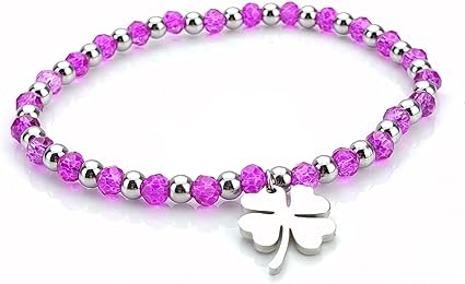 Bracciale Donna Cristalli Quadrifoglio Portafortuna Acciaio fucsia