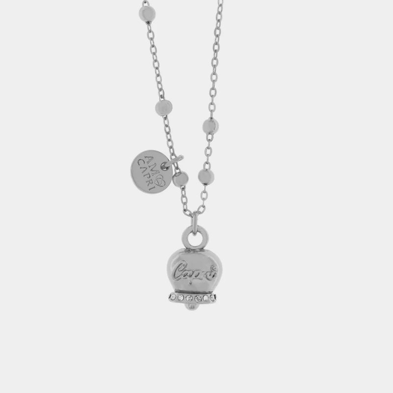 By Simon-Collana in Metallo con campanella portafortuna pendente impreziosita da cristalli bianchi e scirtta Capri a rilievo