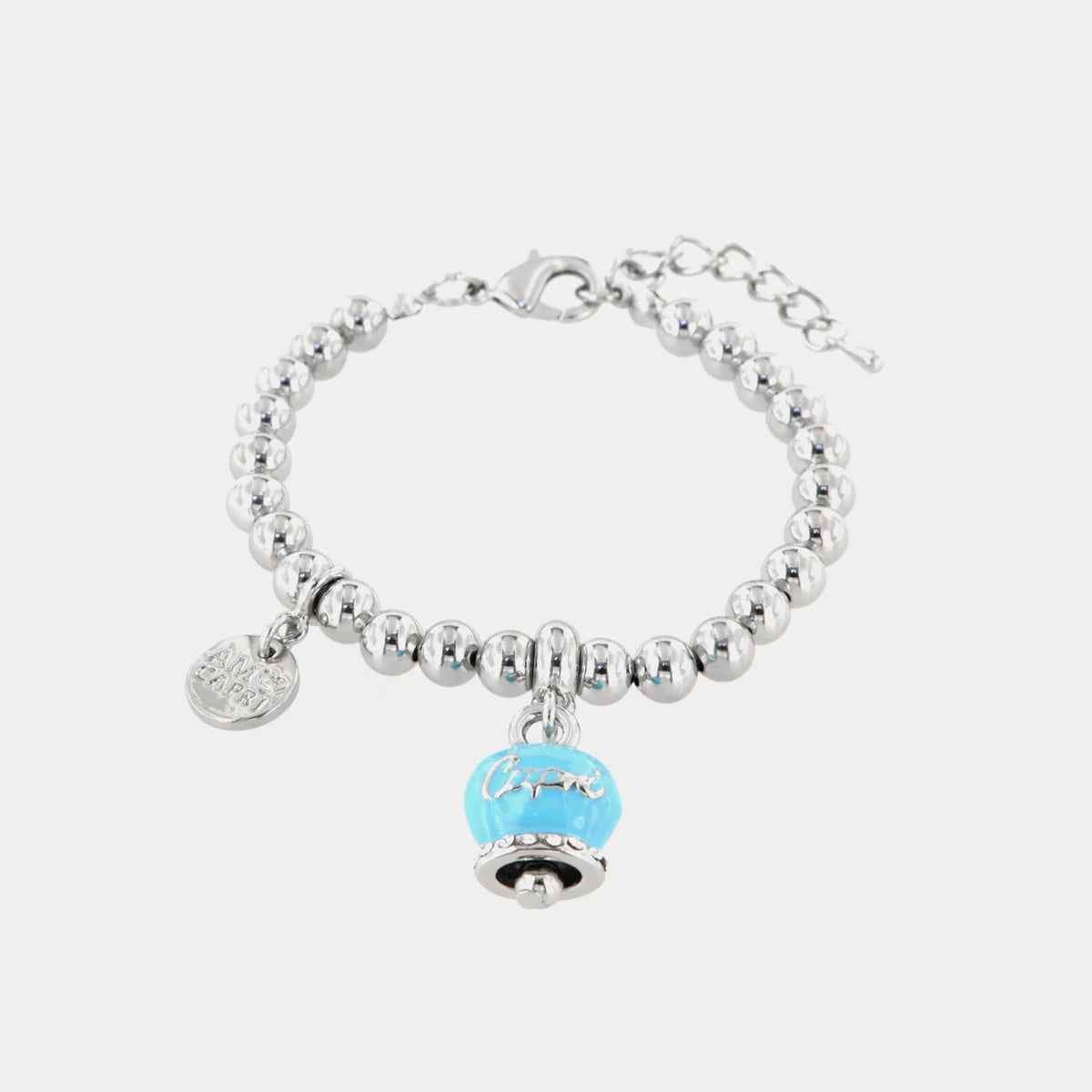 By Simon-Bracciale in Metallo maglia a sfere, con campanella scritta capri pendente impreziosita da cristalli e smalto turchese