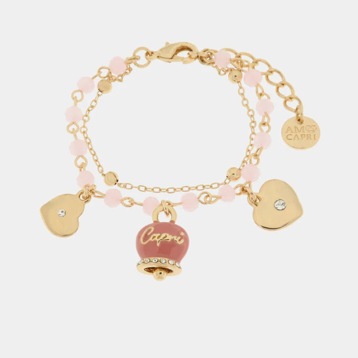 BY SIMON - Bracciale in Metallo con campana smaltata rosa e cuoricini pendenti