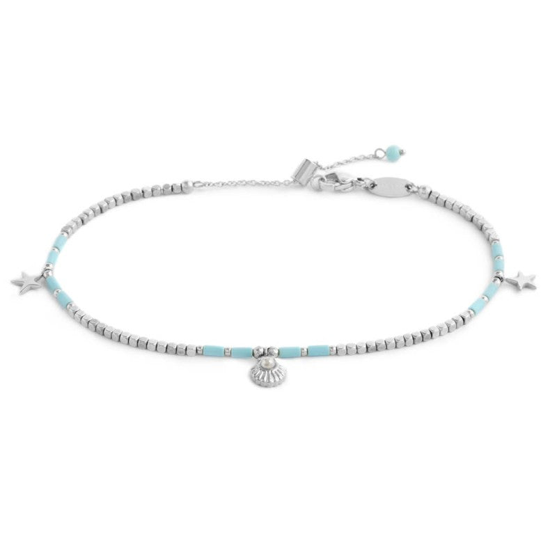 MARLU- Cavigliera con ematite cubica alternata a perline conchiglia e stelle marine pendenti