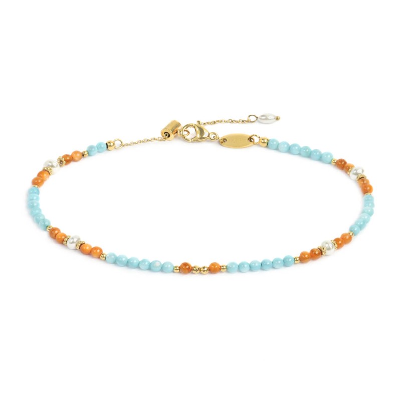 MARLU- Cavigliera con elementi madreperla colorati e perle bianche irregolari