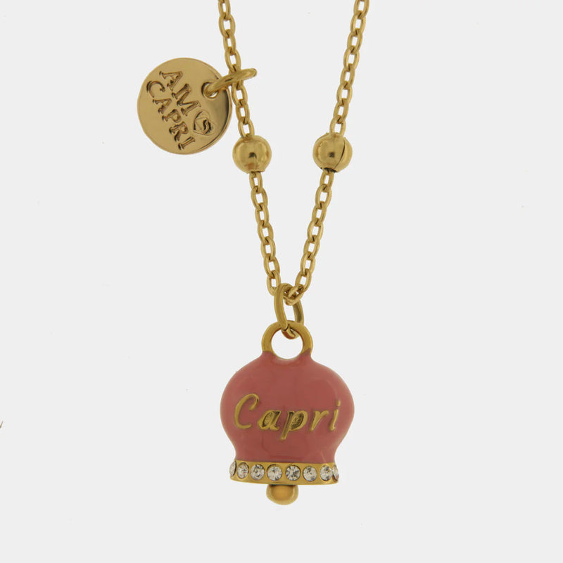 By Simon-Collana in Acciaio con campanella rosa con scritta Capri