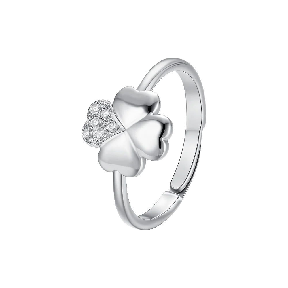 LUCA BARRA-ANELLO DONNA IN ACCIAIO CON QUADRIFOGLIO E ZIRCONI BIANCHI